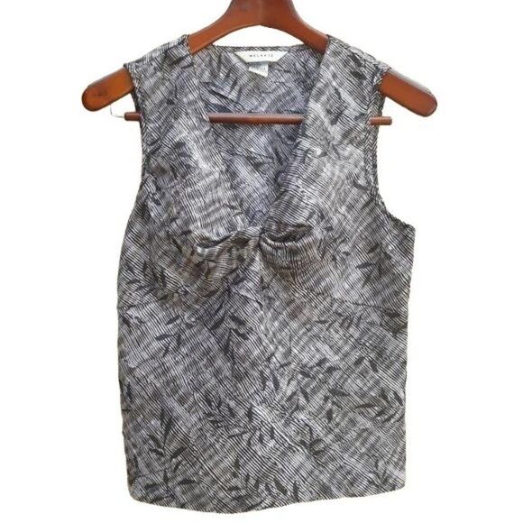 Melrose Top Sleeveless Crinkle Twisted Scoop Botanical Leaf Striped Black Sz 10 - Picture 1 of 7